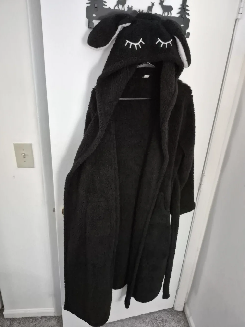 Cozy Black Plush Hooded Bathrobe with Ears